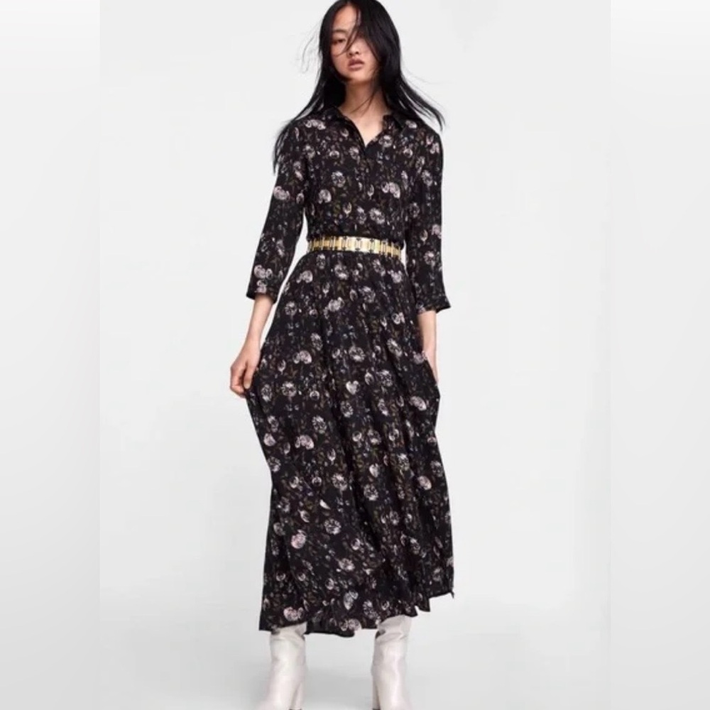 Zara Botton-Down Black Dandelion Long Sleeve Midi Dress 🌸